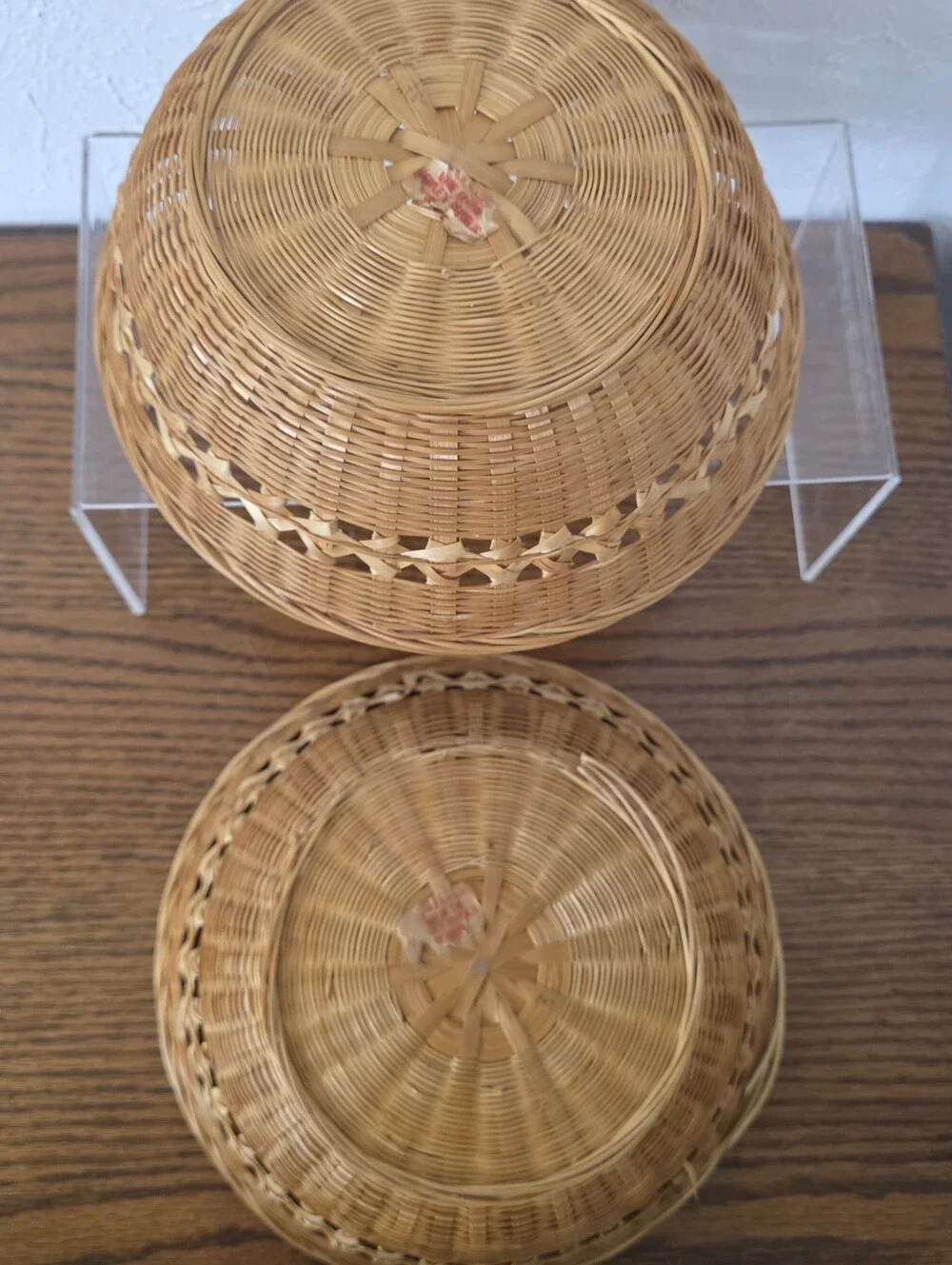 Vintage 1970s Woven Bamboo Basket Bowls Made in PRC Matching Set of Two 9 Inch